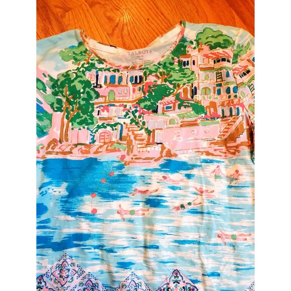 Talbots Petite XLP Tee With Scenic Print & Border Design - Picture 2 of 7